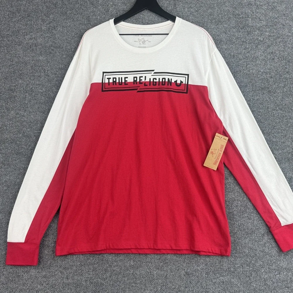 True Religion T-Shirt Mens XXL Red White Colorblock Long Sleeve Cotton Logo NWT